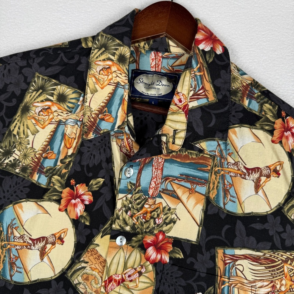 Vtg Straight Down Hawaiian Shirt Mens Large Hula‎ Dancer Postcard Tropical AOP